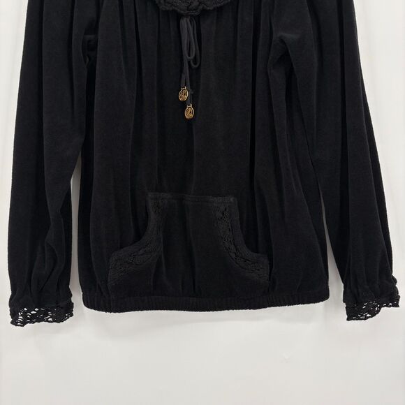 Juicy Couture Lace Trim Long Sleeve Y2K Top, Sz Med, Black Kangaroo Pouch - Picture 4 of 11